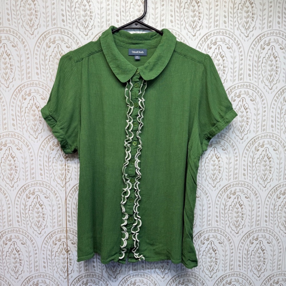 Modcloth Green Ruffle-Front Short Sleeve Blouse